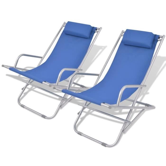 Tidyard Lot de 2 Chaise Longue Pliables de Plage avec Repose-Pied Chaise Longue de Bain de Soleil Bleu 175 x 61 x 87 cm