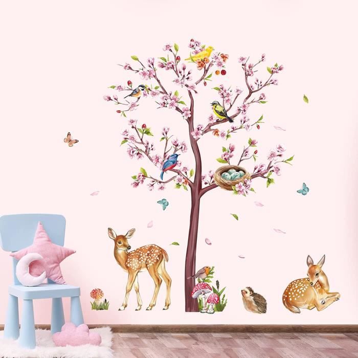 Stickers muraux animaux foret rose autocollant murale arbre fleurs
