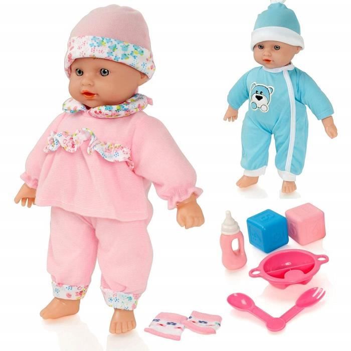 Poupee qui parle mots et sons 2 tenues rose et bleue Molly Dolly Sweet Sounds Piles fournies accessoires biberon couverts Cdiscount Jeux Jouets