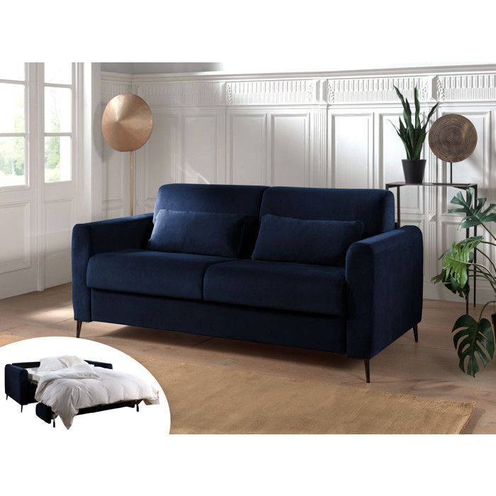 Owen - canapé lit 3 places convertible express couchage quotidien 140 cm matelas 12 cm en velours - Bleu nuit Owen - canapé lit 3 places convertible express couchage quotidien 140 cm matelas 12 cm en velours - Bleu nuit