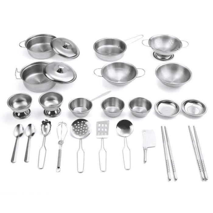 Shimirth 63 Pcs Dinette Enfant Acier Inoxydable – Casseroles Jouets, Pizza à Découper, Paniers De Rangement, Tablier – Jeu D’Imitation Dès 3 Ans