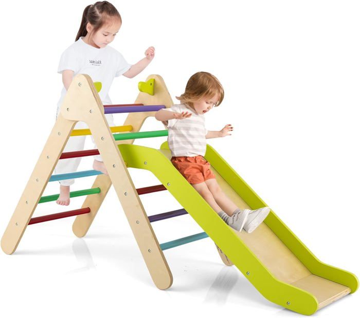 COSTWAY Toboggan 2 en 1 avec Triangle d'Escalade en Bois, Pente de