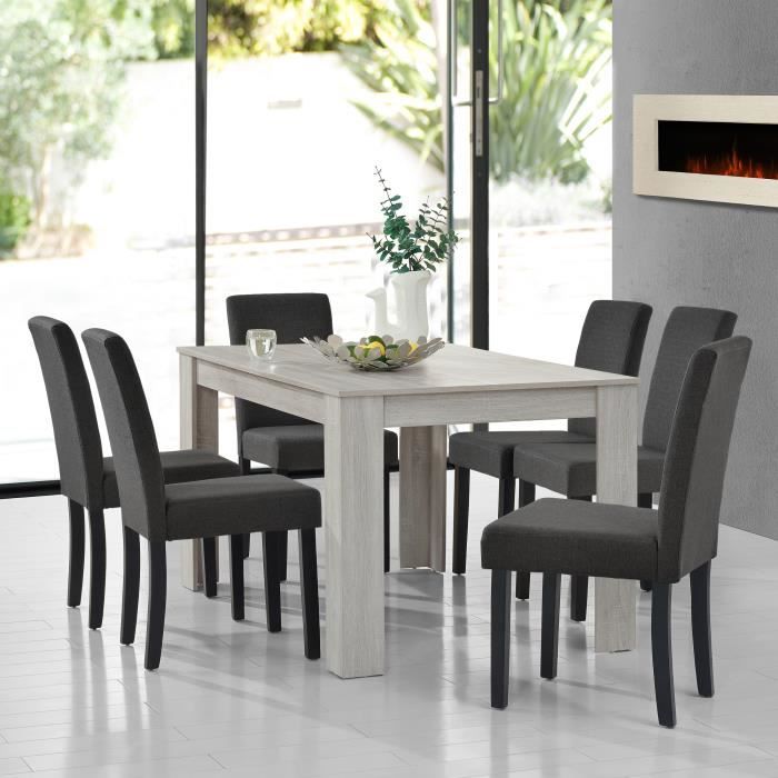 [en.casa] table de salle à manger (chêne) + 6 chaise de salle à manger en gris foncé - 140x90cm