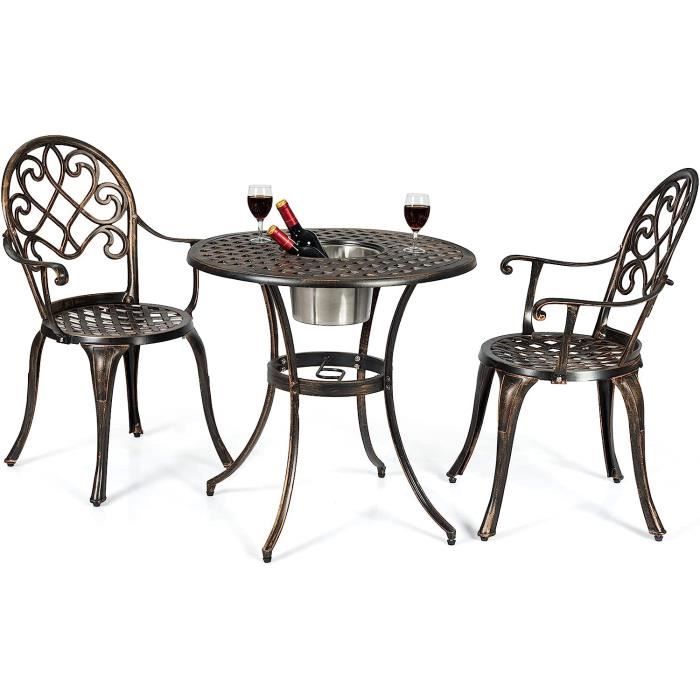 GOPLUS Ensemble de Bistrot 3 Pièces en Fonte dAluminium Table Ronde avec Seau à Glace Amovible & 2 Chaises 69 x 69 x 68cm