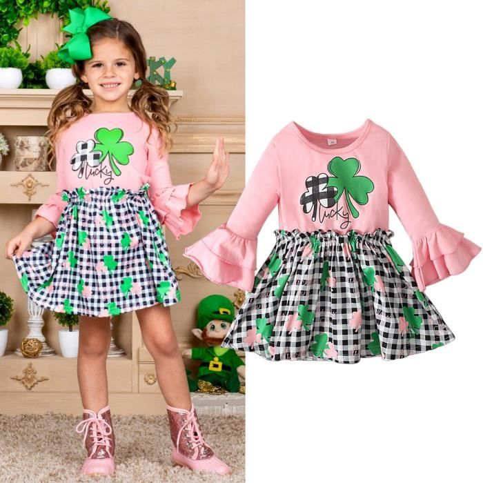 1 6 Ans Bebe Enfant Fille Vetements Robe a Carreaux Imprime Trefle Rose Cdiscount Pret a Porter
