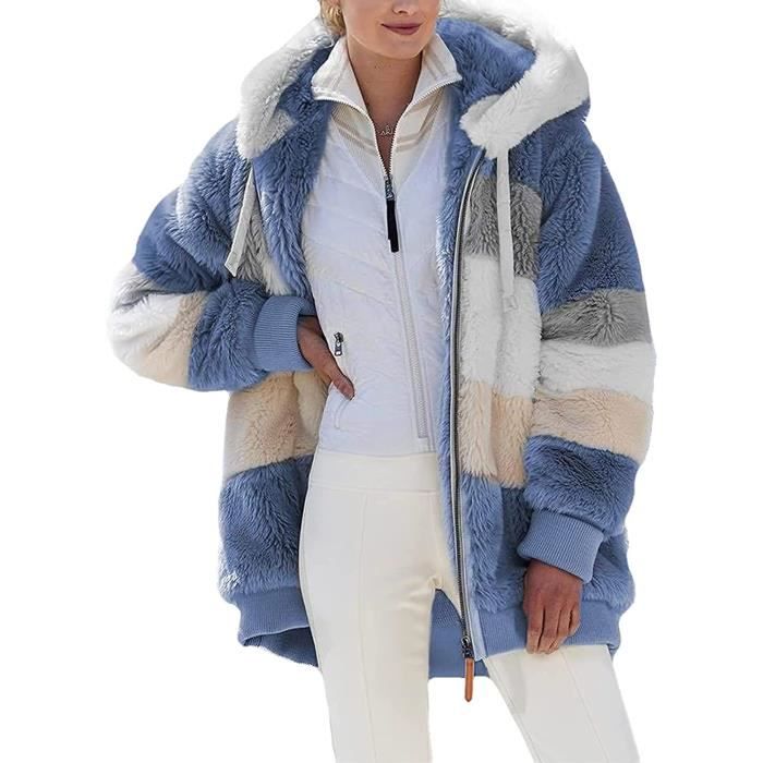 Manteaux Polaire Zippee pour Femme Mode en Peluche a Capuche Epaissir Blouson Chaud Hiver Doux Ample Veste Bleu Cdiscount Pret a Porter