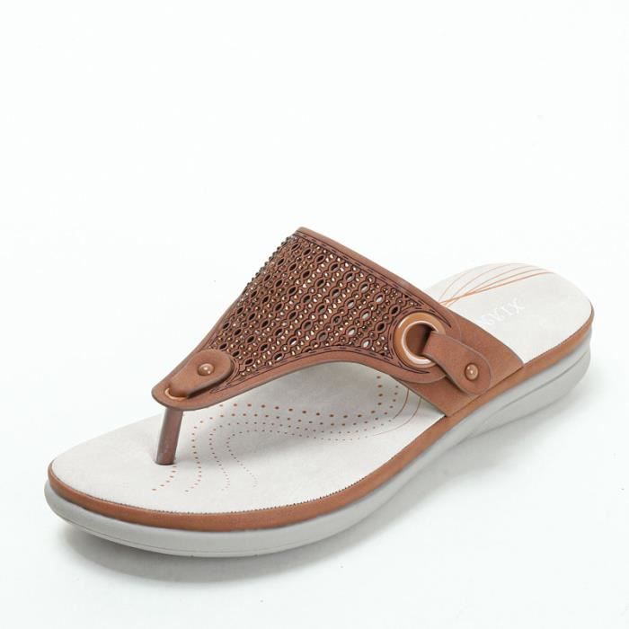 Tongs Femme Plates Confortables avec Strass pour l Ete et les Vacances Marron