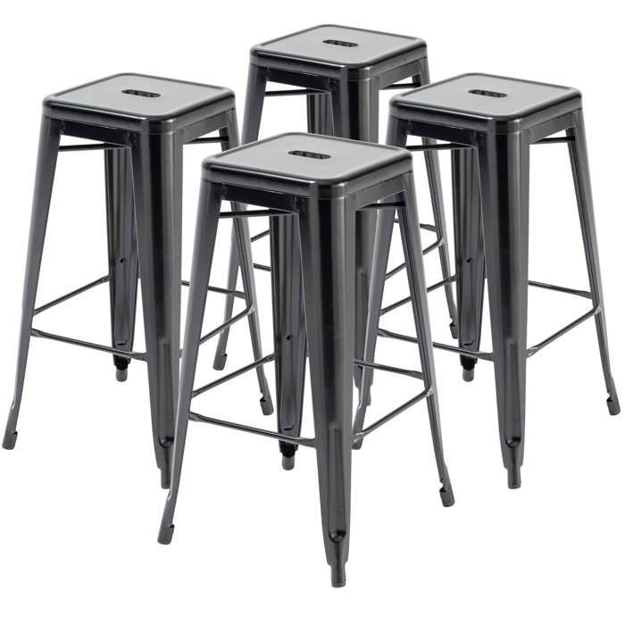 Oviala Lot De 4 Tabourets De Bar En Acier Noir Brillant - Style Industriel Empilables