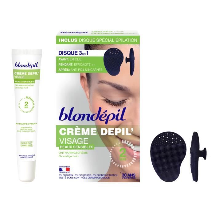 BLONDÉPIL Crème dépilatoire + Disque gommant - Visage - Peaux sensibles - 20 ml