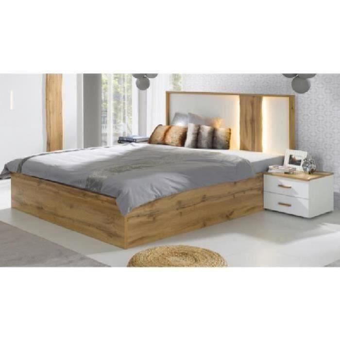 lit adulte design wood 180 x 200 cm + led dans la tête de lit. meuble design idéal pour votre chambre. marron