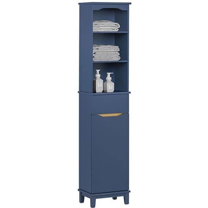 SoBuy Meuble Colonne Salle de Bain Bleu Foncé avec Tiroir et Étagères Design Élégant et Rangement Optimal 35x30x170 cm