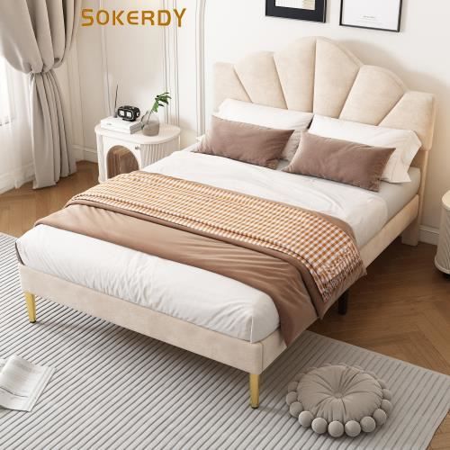sokerdy lit rembourré 140*190 cm, lit double en forme de coquille avec pieds en fer doré, tête de lit réglable en hauteur, beige