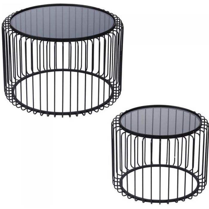 Set de 2 tables basses rondes en métal noir et verre fumé - TABLE PASSION - Contemporain - Design