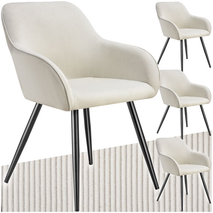 Chaise - TECTAKE - Lot de 4 chaises MARILYN en velours côtelé rembourrée et pieds en acier robustes 58 x 62 x 82 cm - Crème/Noir