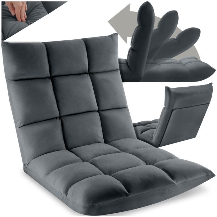 Fauteuil - TECTAKE - Fauteuil relax SNOOZE 2-en-1 en velours réglable sur 14 positions 108 x 57 x 135 cm - Gris