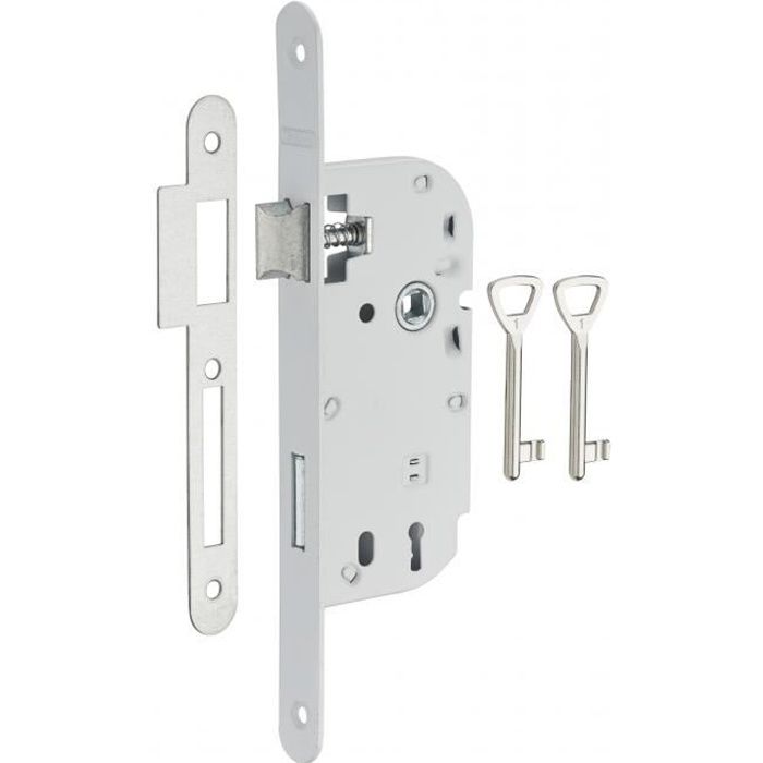 THIRARD - Serrure encastrable à clé pour porte de chambre, axe 40mm, bouts ronds, blanc, 2 clés 40 mm