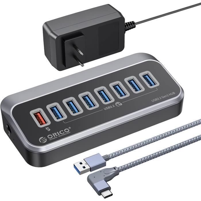 Hub USB 3.0 7 Ports - Aluminium, Transfert 5 Gbit/s, Plug & Play, Pour PC, Clés, Imprimantes…