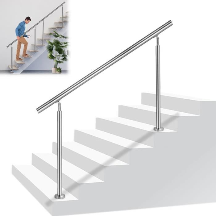 YUENFONG Rampe d'escalier en acier inoxydable pour escaliers, balcon, intérieur et extérieur, argent (100 cm, avec 0 traverses)