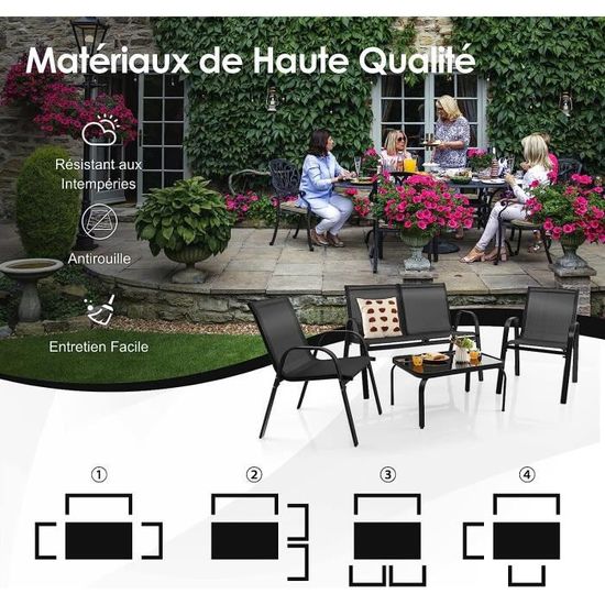 Ensemble Salon De Jardin 4 Personnes GIANTEX - Canapé 2 Places + 2 Fauteuils + Table Basse Verre Trempé - Tissu Résistant, Empilable, Couleur Bleu
