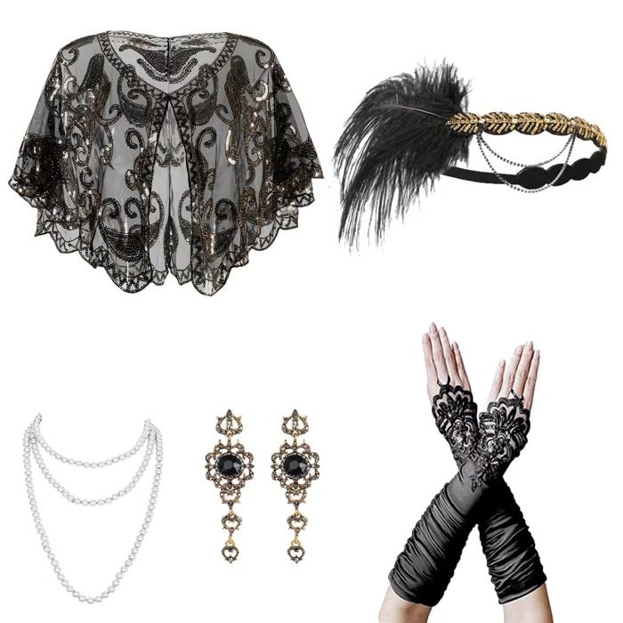 Set De 7 Accessoires Années 20 Pour Femme – Coiffe Plume Paon, Gants Longs, Collier Perles, Bracelet Et Boucles D’oreilles – Idéal Soirée Gatsby