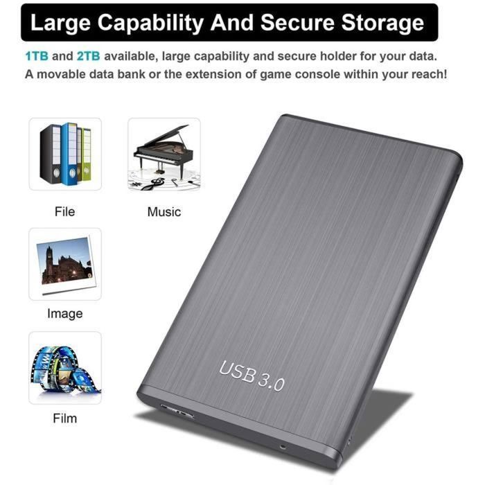 Disque Dur Externe 2 To USB-C 3.1 – Ultra Rapide (400 Mo/s), Fin, Portable – Pour PC, Mac, Console, Téléphone.