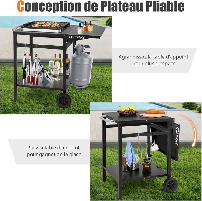Chariot Barbecue Extérieur COSTWAY – Double Étagère + Table Pliante, Mobile Avec Roues Et Crochets, Idéal Four à Pizza & Grill