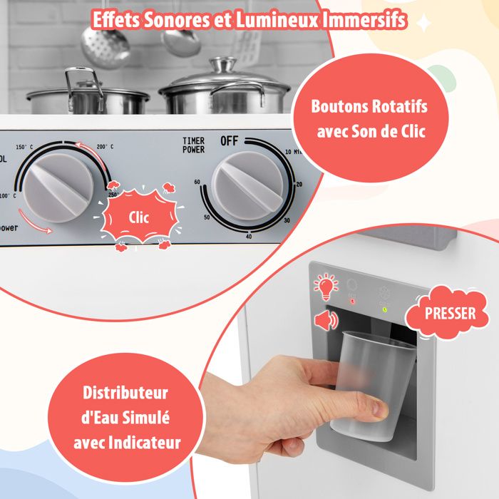 Cuisine en Bois Enfant, Cuisine Enfant, avec Effets Lumineux et Sonores Simulés, Cuisine Bois Enfant avec Lave-Linge, Cuisine Jouet pour Enfants à Partir de 3 Ans, 82x80x25 cm Jouet Cuisine, Blanc