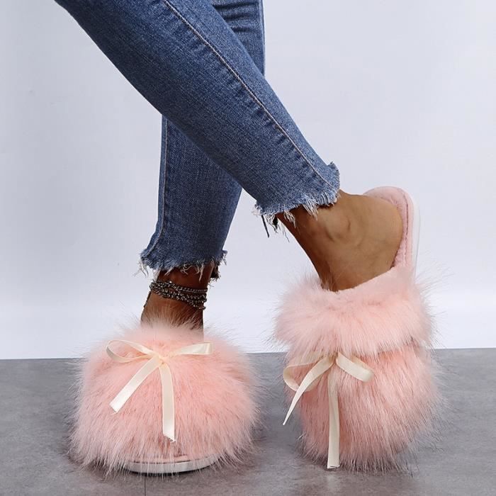 Chausson Pantoufles de fourrure de luxe pour femmes plates