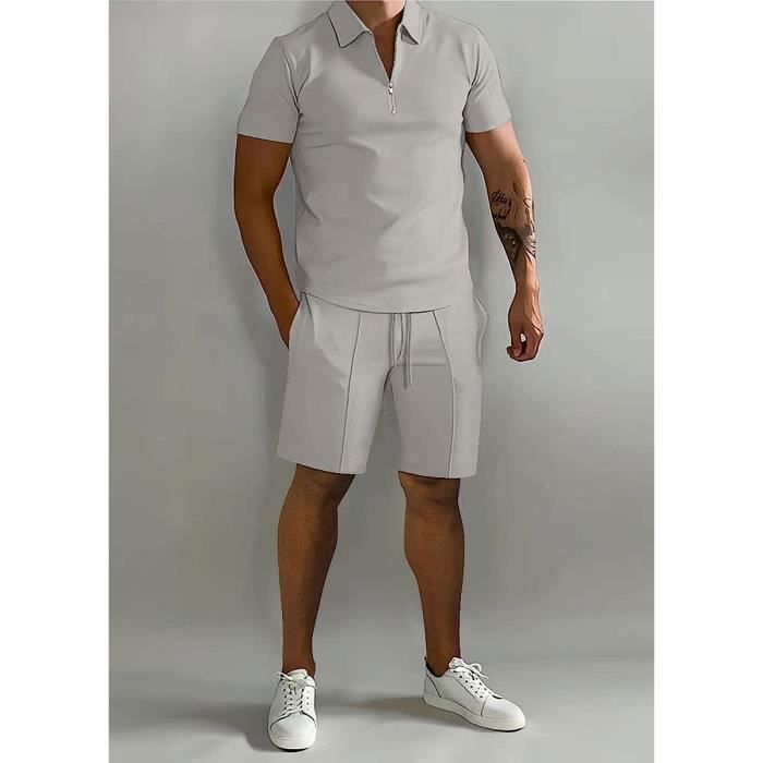 Survetement Ensemble de Vetements Homme Été Manche Courte Deux Pièces  Couleur Unie Polo Tee Shirt Avec Revers Court et avec Blanc