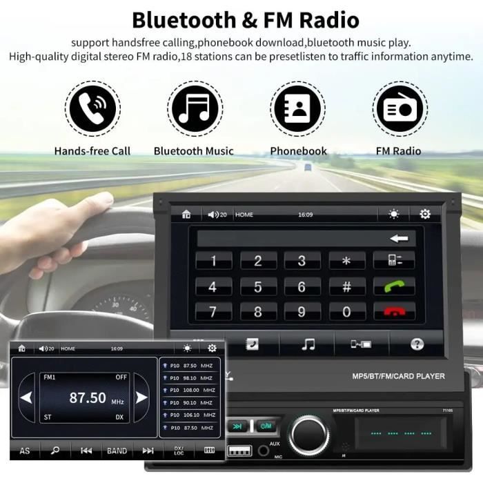 Hkity Autoradio Bluetooth 1 din avec Écran Rétractable 7 Pouces Écran  Tactile Poste Radio Voiture Auto Radio avec Bluetooth Mains Libres FM Radio  TF