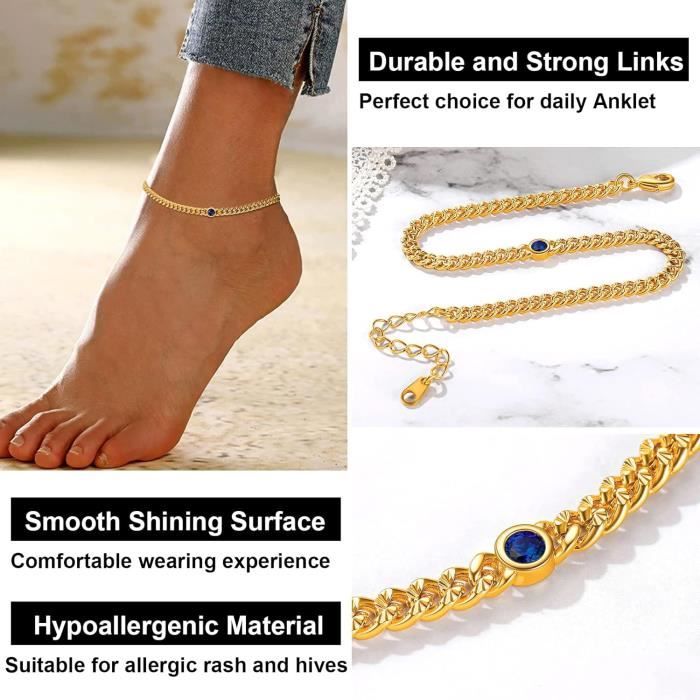 Bracelet Cheville PROSTEEL Femme - Chaîne Cubaine Ajustable Acier Inoxydable Avec Zircon