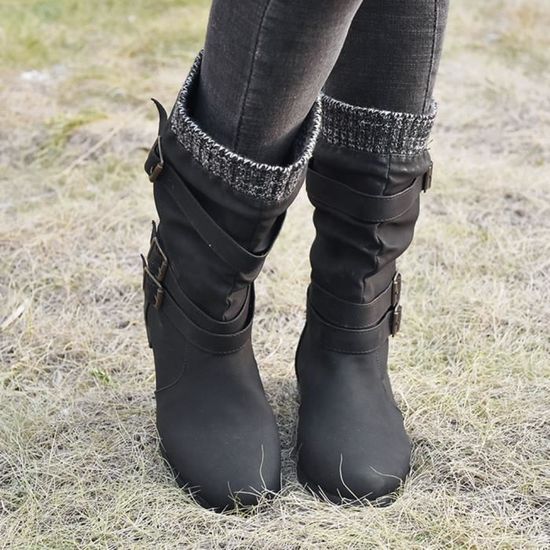 bottes femme cuir noir plates