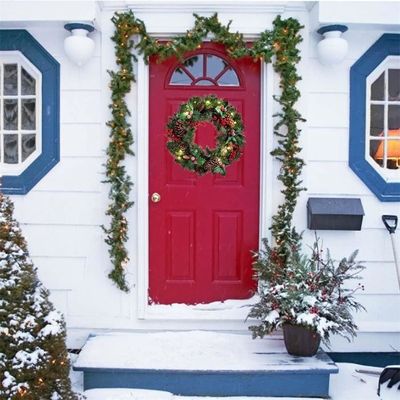 Couronnes de Noël Lumineuses pour Porte D'entrée, Couronne de Noël Artificielle de 50 Cm avec Pommes de Pin, Baies Rouges, Nœud Papillon, Décoration de Porte de Noël pour (Avec