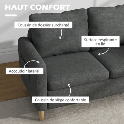 Canapé 2 Places Contemporain - 133 Cm - Tissu Aspect Lin Gris Foncé, Piètement Acier Noir - Charge Max 200 Kg