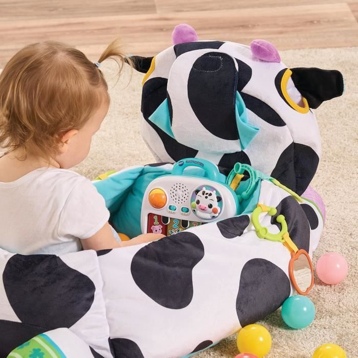 Maxi Peluche Piscine à Balles Musicale, Piscine à Balles Bébé 3 en 1, Peluche Géante Vache Sensorielle et Évolutive, Piano Lumineux, Hochets, Cadeau Bébé Dès 9 Mois - Contenu en Français