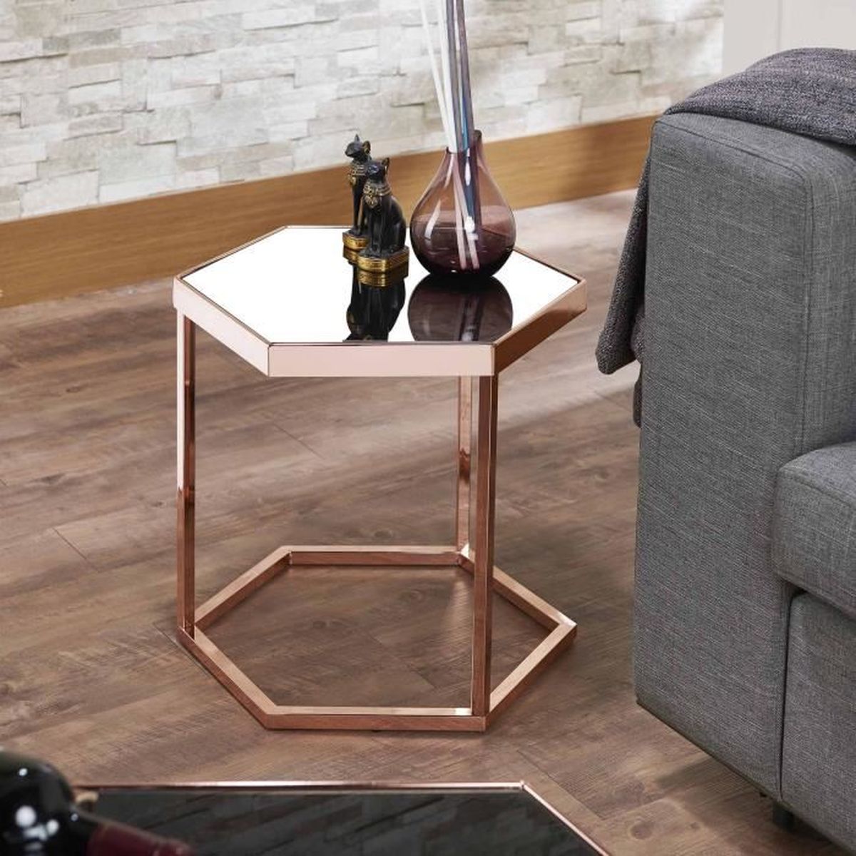 Table D'appoint Hexagonale Plateau En Verre Miroir Armature En Métal