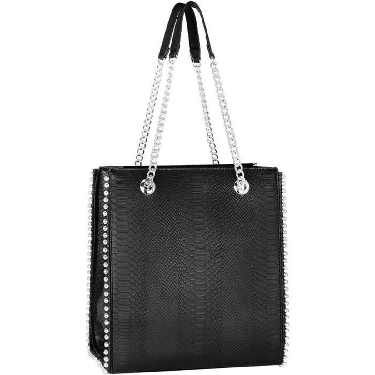 Sac Epaule Chaînes CRAZYCHIC Sac à Main Serpent Clous Billes Perles  Femme Cuir PU Cabas Fourre-Tout Rectangle Noir