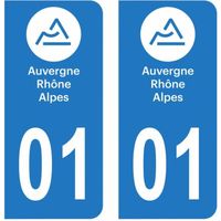 Lot 2 Autocollants Stickers plaque immatriculation voiture auto département 01 Ain Logo Région Auvergne-Rhône-Alpes