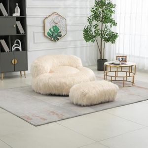 CANAPÉ FIXE Fauteuil pouf confortable avec ottoman, fauteuil moderne rembourré, pouf en fourrure souple, canapé-lit paresseux,Blanc