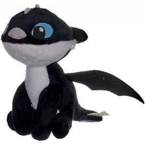 PELUCHE Peluche Dragons : Bébé Dragon Noir Flèche 37 Cm Yeux Bleu - Peluche Licence Dragons - Doudou Enfant