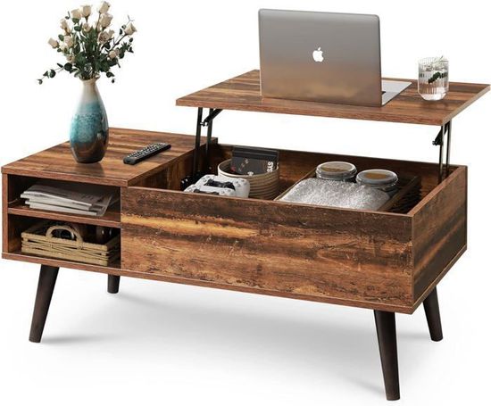 Table Basse Design Avec Panier Tissu - 60x60x51 Cm, Plateau MDF, Pieds Réglables, Chêne Naturel - 4