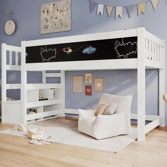 Lit Mezzanine Enfant 90x200 Cm Avec Toboggan Et Tableau Noir - Bois Massif, échelle, Barrières Sécurité, Couleur Gris