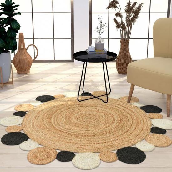 Tapis Jute Rond 160cm ÉcoKunst - Fabriqué Main Bohème - Fibres Naturelles Beige - Intérieur Extérieur