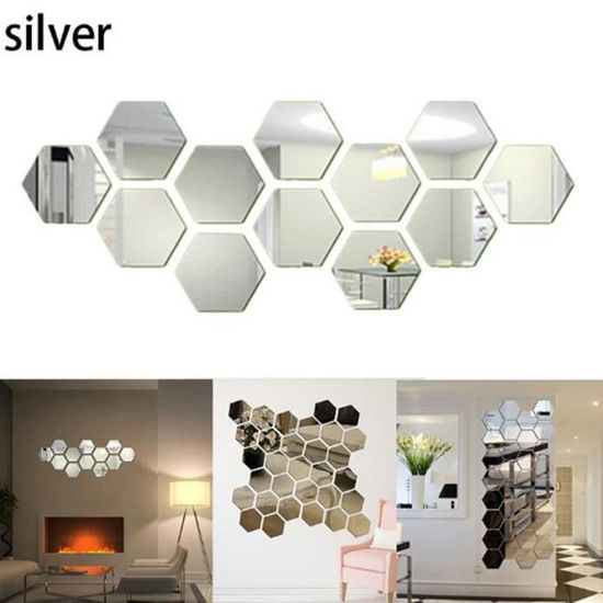 12pcs autocollant mural acrylique miroir hexagonal 3d art maison bricolage décor argent 46x40x23mm