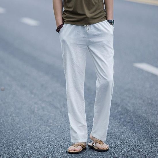 Pantalon en Lin Homme Slim Fit Confortable Taille Elastiquee Coupe Droite Leger Ete INSFITY Blanc Blanc Cdiscount Pret a Porter