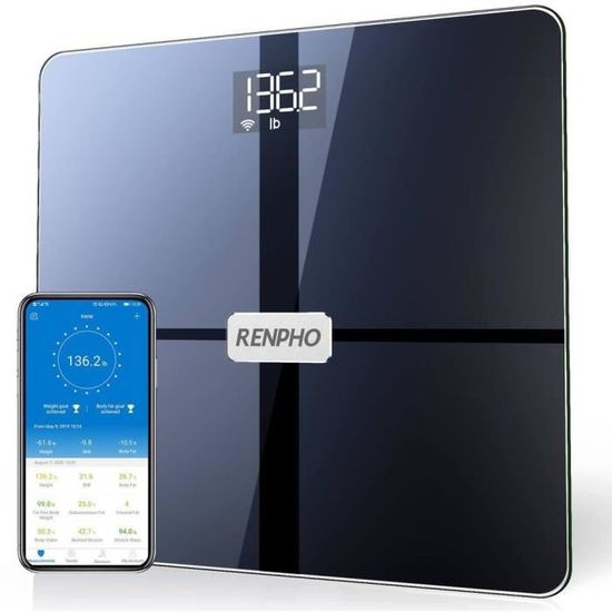 RENPHO OB02724 - balance connecté corporelle Bluetooth 4.0 - Technologie Step On - 13 indicateurs - Plateforme en verre trempé