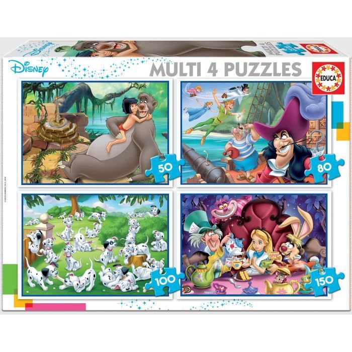 Puzzle Disney - EDUCA - Multi 4 In 1 Classiques - 50 à 150 pièces - Aladin Jungle Peter Pan Alice