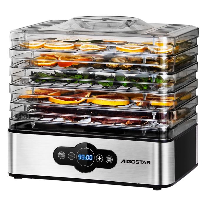 Aigostar Crispy - Déshydrateur alimentaire 5 plateaux, 0% BPA. Fruits, viande, légumes… Commandes numériques.