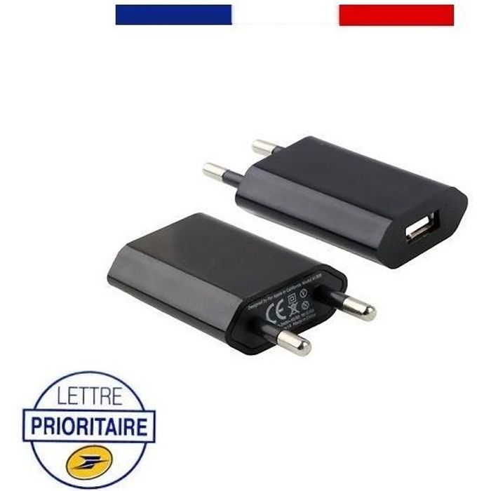PRISE CHARGEUR ADAPTATEUR SECTEUR USB POUR APPLE IPHONE, IPOD... (NOIR)