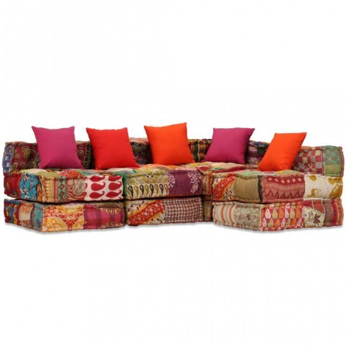 Canapé 4 places modulable + coussins en tissu patchwork multicolore L.200CM CS2449811